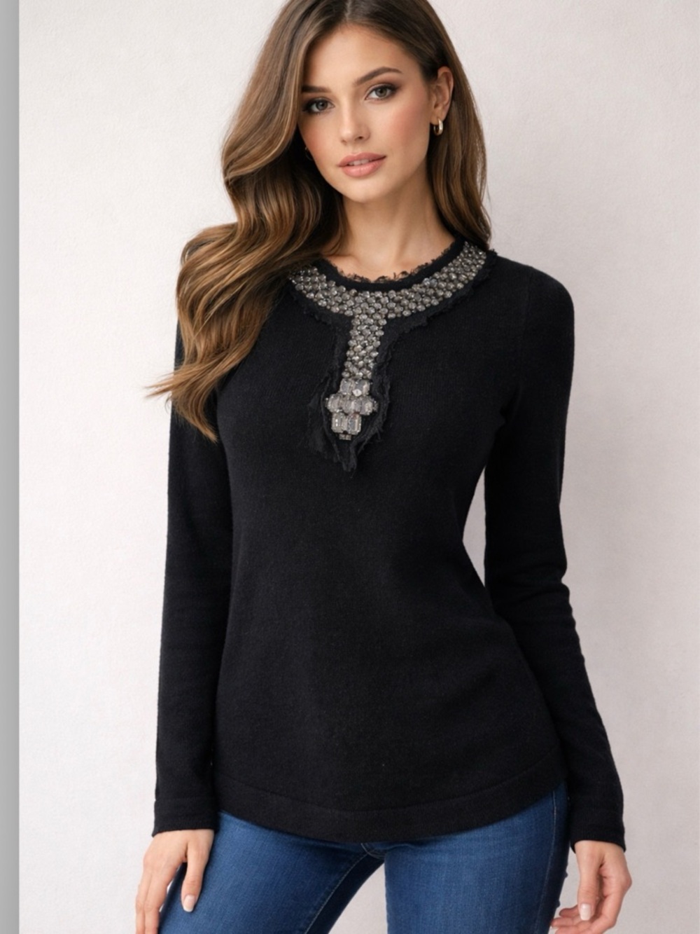 CHANEL 07A Black jeweled sweater cc bottom.